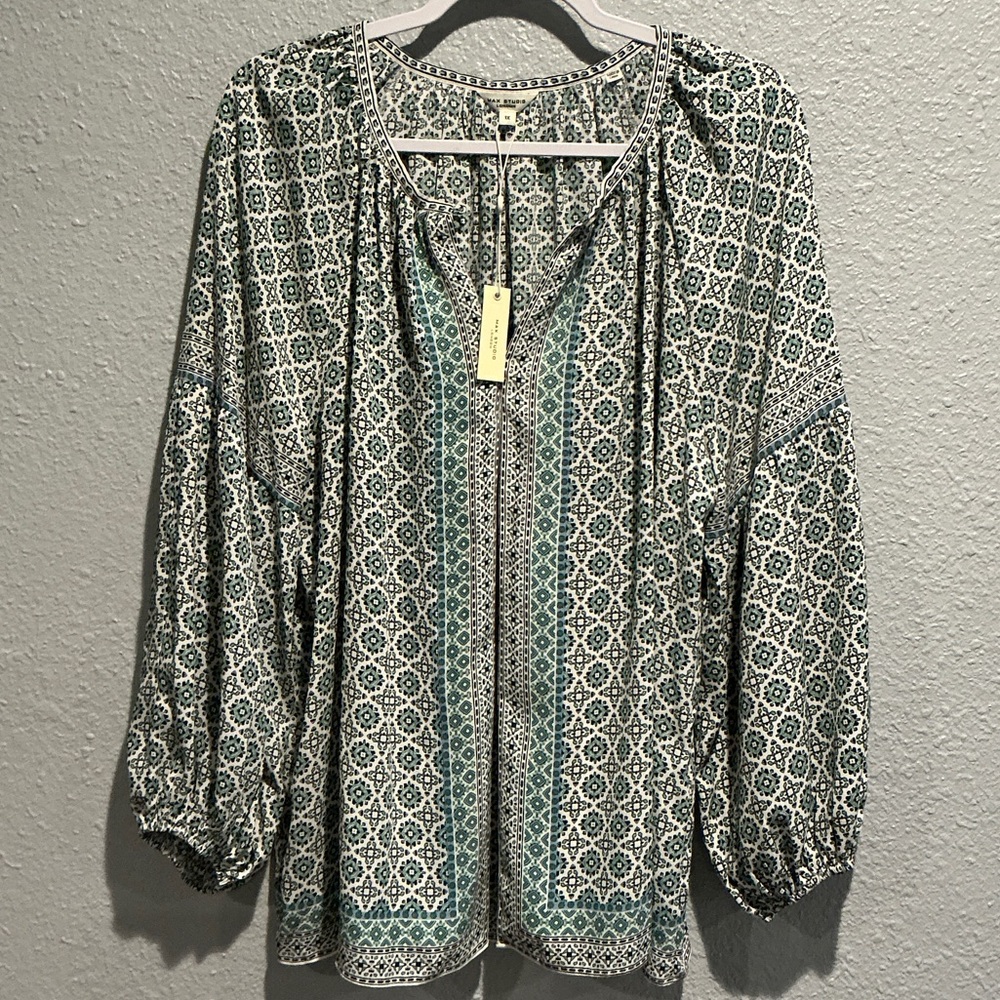 Max Studio Green and White Printed Peasant Tunic
